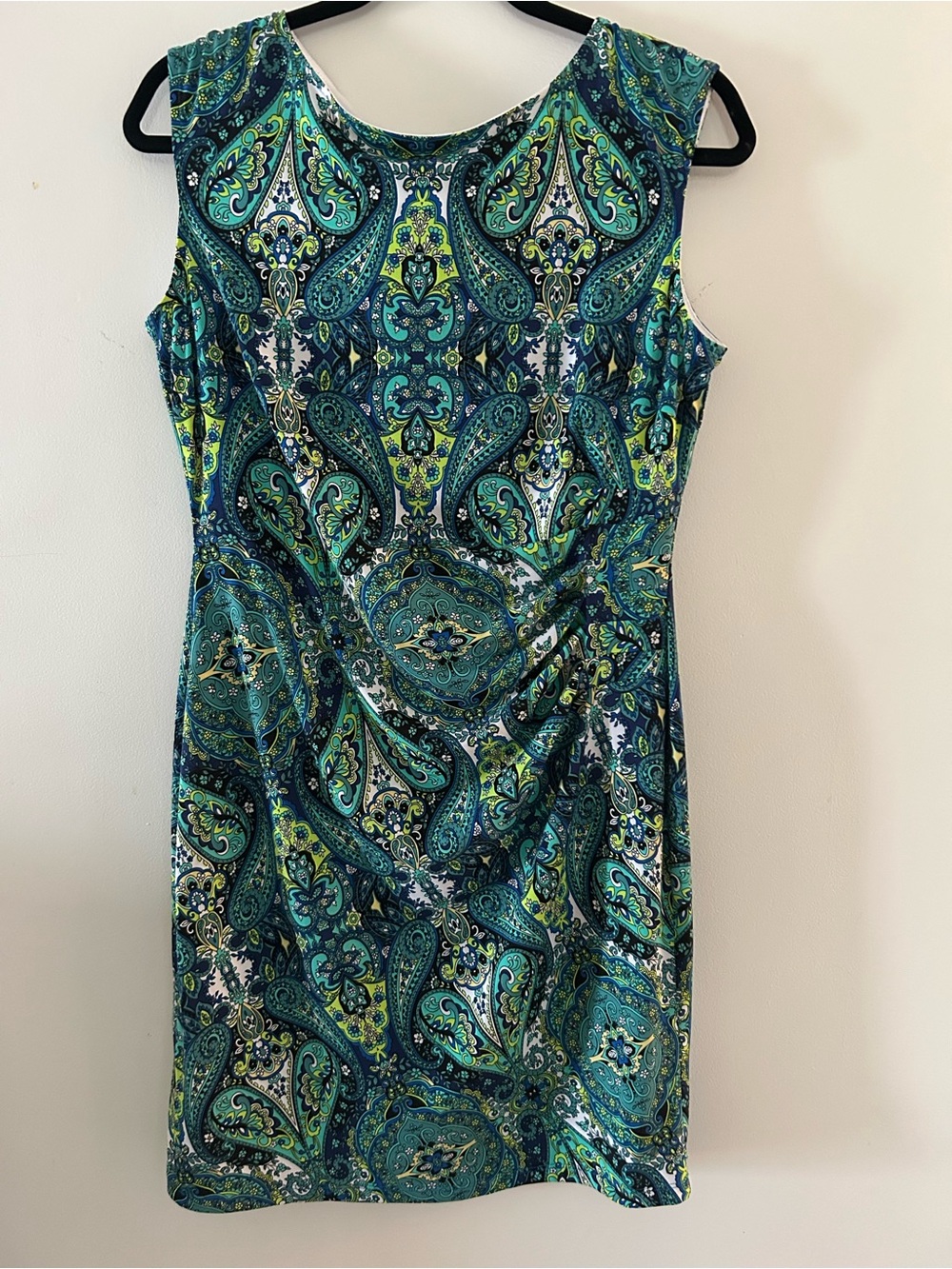 TanJay Sleeveless Paisley Sheath Dress in Teal and Navy petite.  Lined